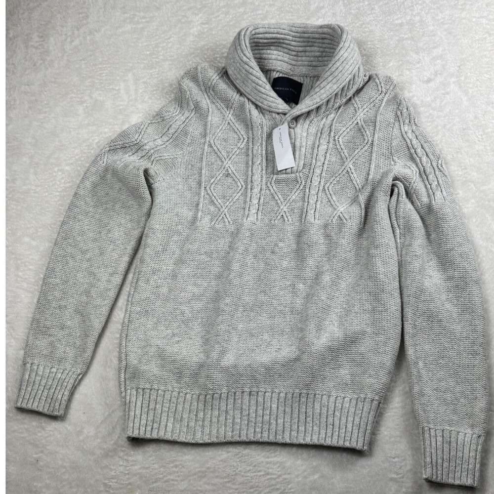 American Eagle Men's M Shawl Cable Knit Pullover Sweater Warm Fisherman Gray NWT
